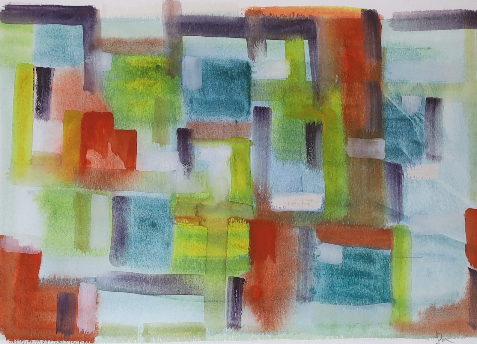 Abstract watercolour, Geometric shapes, initialled PM, 32cm x 22cm